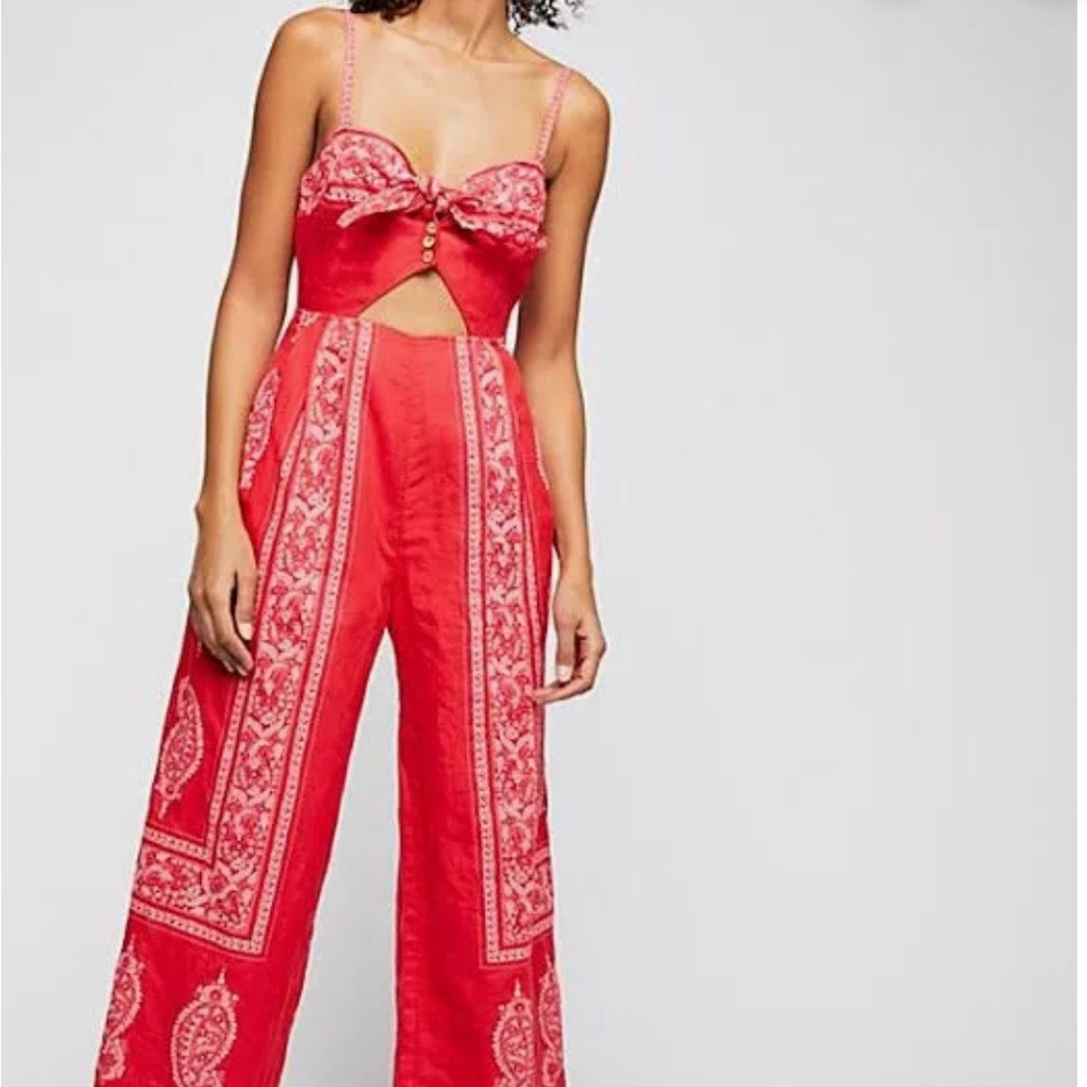 Free People Feel The Sun Red Paisley Jumpsuit